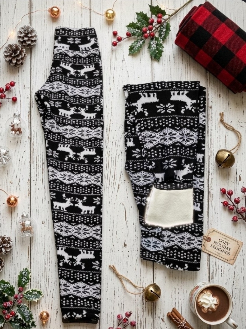 Cozy Womens Black & White Reindeer Holiday Fleece Lined Leggings. Small